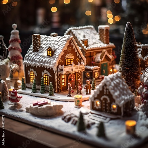 Christmas and New Year holidays background. Festive decoration with gingerbread houses and candles on wooden table. Selective focus