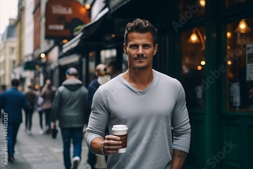 Portrait of handsome young man drinking coffee in a city street.