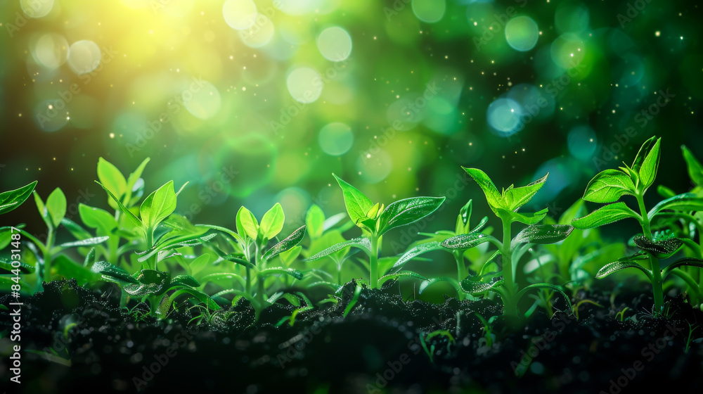 Green sprouted plant seedlings in the spring forest. Spring abstract green background. Young sprouts of plants sprouted from the ground. Nature, ecology and gardening concept. Green sprouted plant seedlings in the spring forest. Spring abstract green background. Young sprouts of plants sprouted from the ground. Nature, ecology and gardening concept.