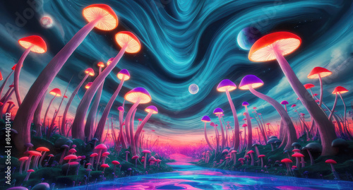 4D landscape dominated by towering mushrooms that stretch towards the color sky. Generative AI © MD. NOMAN