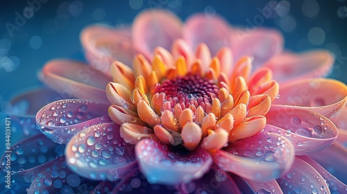 A pink flower is highlighted against a contrasting blue background with water droplets for emphasis