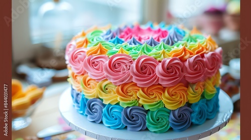 A beautiful rainbow rosette cake. The cake is covered in colorful rosettes made of buttercream frosting. photo