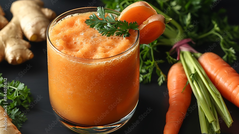 glass of invigorating carrot and ginger juice with carrot and ginger garnish cut out on an isolated simple minimalist background glass of invigorating carrot and ginger juice with carrot and ginger garnish cut out on an isolated simple minimalist background