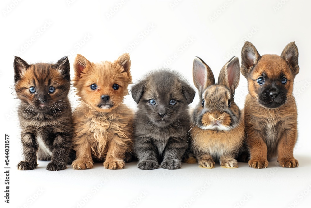 Adorable Pets Collage: Dogs, Cats, Rabbits, Birds on White Background Adorable Pets Collage: Dogs, Cats, Rabbits, Birds on White Background