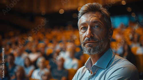 A focused man in business casual attire reflects thoughtfully in a conference auditorium setting