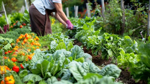 A gardener is tending to a lush vegetable garden full of green leafy plants and ripe orange tomatoes.
