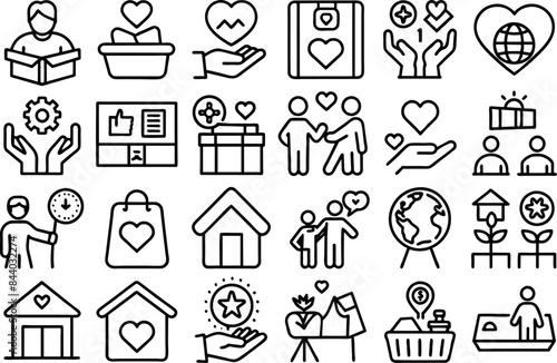 Charity & Volunteering related concept such as Heart, helping hand, donation box & many more editable stroke outline icons isolated on white background flat vector illustration