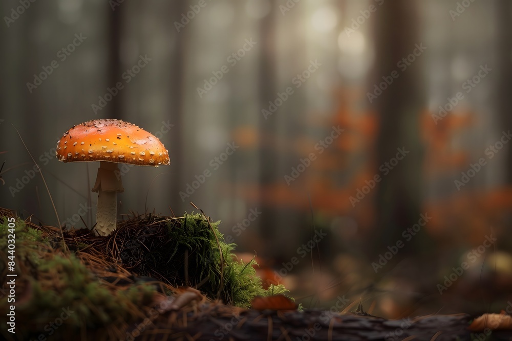 Solitary Mushroom with Dewdrops in Mystical Forest Solitary Mushroom with Dewdrops in Mystical Forest