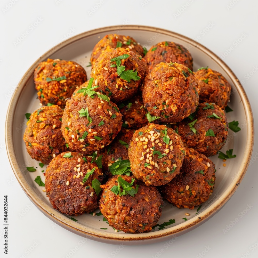 Crispy Fried Falafel Balls With Sesame Seeds and Parsley on a Brown Plate Crispy Fried Falafel Balls With Sesame Seeds and Parsley on a Brown Plate