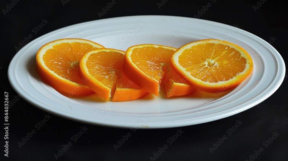 Orange slices arranged on a white plate against a black background Orange slices arranged on a white plate against a black background
