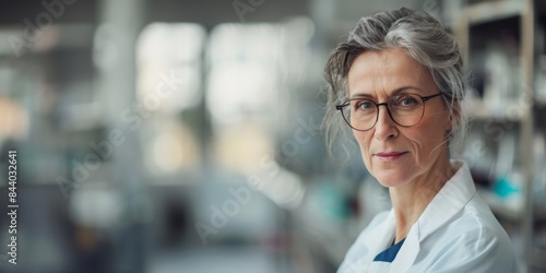 Confident Senior Female Scientist Wearing Lab Coat and Glasses in Modern Laboratory