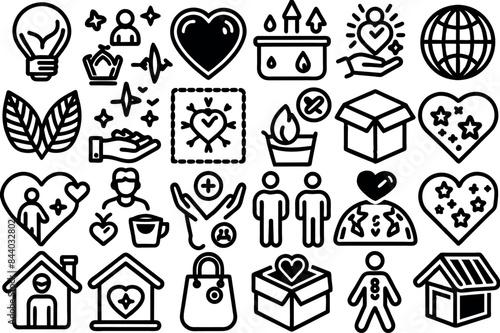 Charity & Volunteering related concept such as Heart, helping hand, donation box & many more editable stroke outline icons isolated on white background flat vector illustration