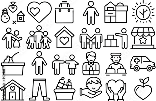 Charity & Volunteering related concept such as Heart, helping hand, donation box & many more editable stroke outline icons isolated on white background flat vector illustration
