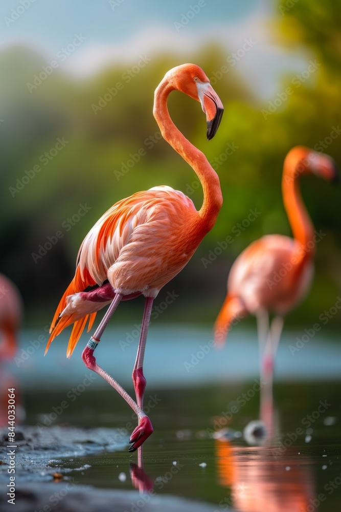 Fototapeta premium Pink Flamingo Standing in Shallow Water on a Sunny Day
