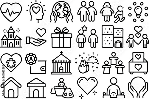 Charity & Volunteering related concept such as Heart, helping hand, donation box & many more editable stroke outline icons isolated on white background flat vector illustration