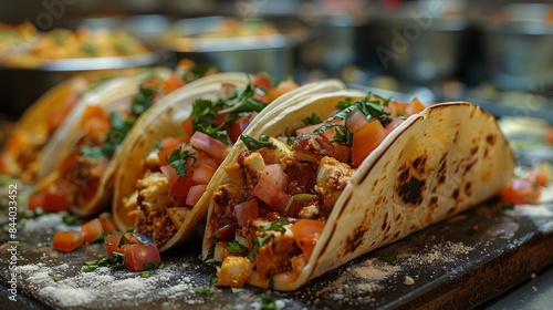 Close-up of mouthwatering chicken tacos on a rustic wooden board, served with diced tomato and herbs, exemplifying gourmet street food