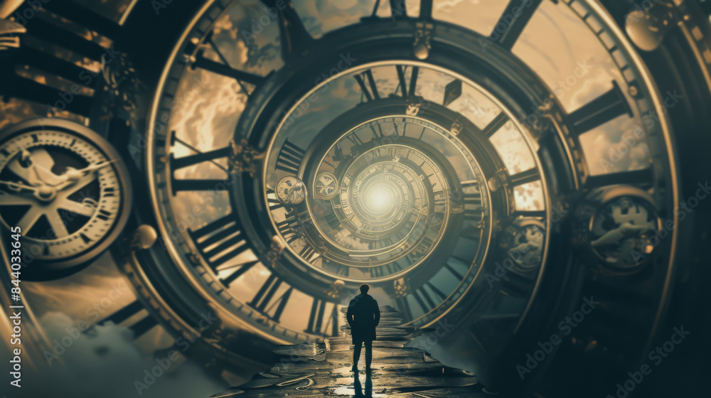 Obraz premium A clock is shown in the center of a spiral. The clock is surrounded by a blue and orange background. The spiral is filled with fire and smoke, giving the image a sense of chaos and destruction.