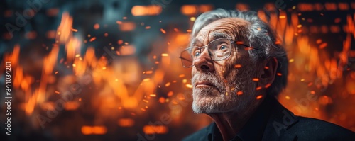 Elderly man with fiery stock market background