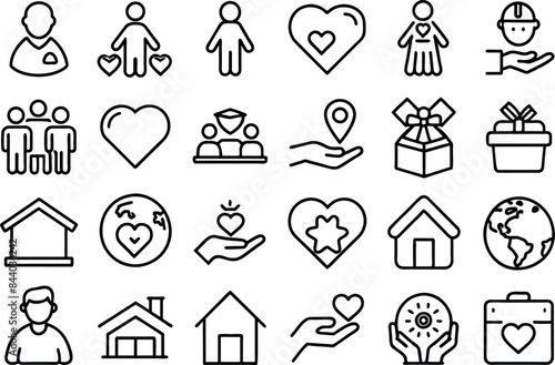 Charity & Volunteering related concept such as Heart, helping hand, donation box & many more editable stroke outline icons isolated on white background flat vector illustration