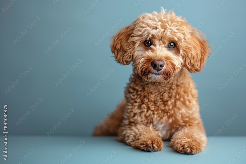 Friendly Golden Doodle Dog with Curly Fur on Plain Background Friendly Golden Doodle Dog with Curly Fur on Plain Background