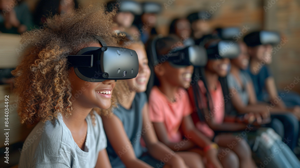 Students in VR headsets taking a virtual tour of a famous museum, viewing artworks and exhibits up close. photo, Futuristic Classroom Students in VR headsets taking a virtual tour of a famous museum, viewing artworks and exhibits up close. photo, Futuristic Classroom