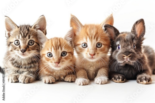 Adorable Pets Banner: Kitten, Puppy, Rabbit Posed Cutely on White Background