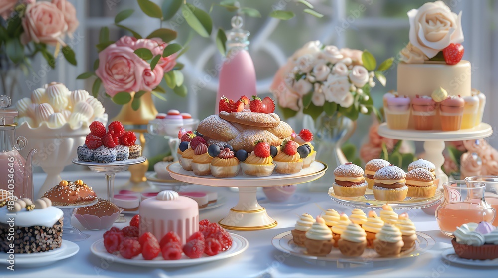 A beautiful image of a dessert table, laden with delicious pastries, cakes, and other sweet treats. Perfect for a special occasion or party.