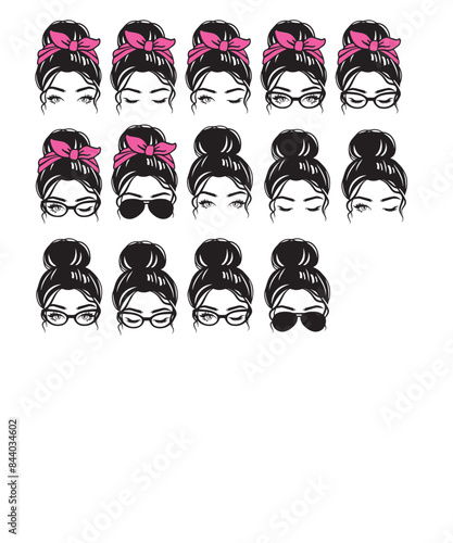 Messy Bun Collection 14 Women face silhouette with hair bun and bandana bow bundle 