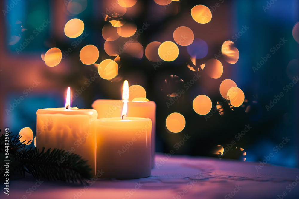 lit holiday candles with a soft bokeh effect in the background lit holiday candles with a soft bokeh effect in the background