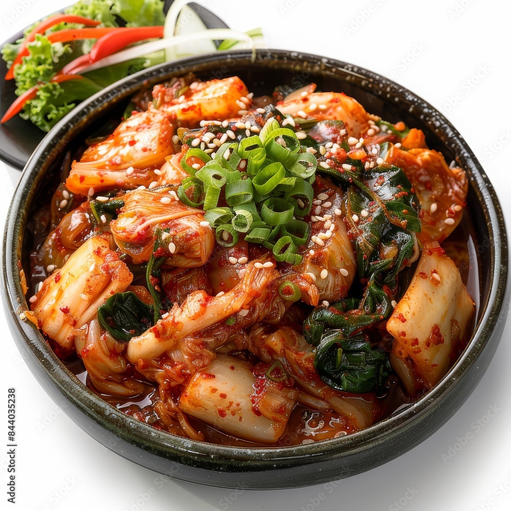 Spicy Kimchi With Green Onions and Sesame Seeds in a Black Bowl Spicy Kimchi With Green Onions and Sesame Seeds in a Black Bowl