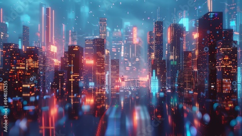 A stunning digital painting of a futuristic cityscape. The city is full of towering skyscrapers, bright lights, and flying cars.