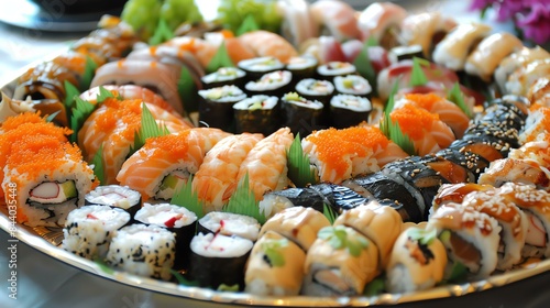A delicious platter of sushi, perfect for a party or special occasion.