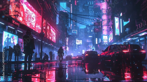 A dark and rainy street in a cyberpunk city.