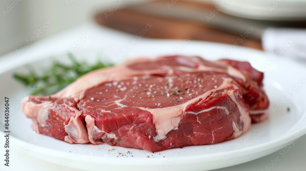 Raw Beef Steak With Salt and Pepper on White Plate Raw Beef Steak With Salt and Pepper on White Plate
