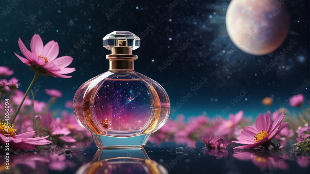 A captivating perfume bottle against the vast expanse of the cosmos, reflecting the cosmic energy and mystery of its celestial-inspired scent, Generative AI A captivating perfume bottle against the vast expanse of the cosmos, reflecting the cosmic energy and mystery of its celestial-inspired scent, Generative AI