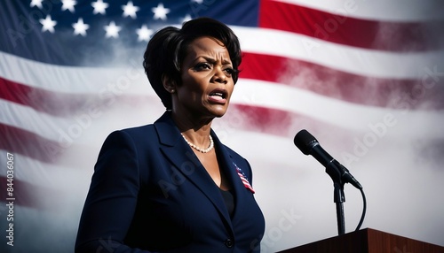portrait of African American woman senator next to Us flag, isolated white background, copy space for text
