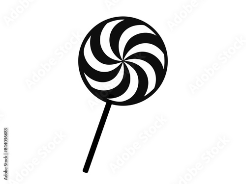 Black silhouette of a lollipop with a swirled pattern. Isolated on white background. Sweet candy icon in a minimalist style. Concept of confectionery, dessert, festive treat. Print, design element.
