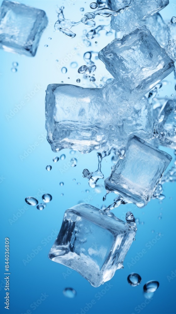Obraz premium Ice Cubes Falling Through Water With Bubbles