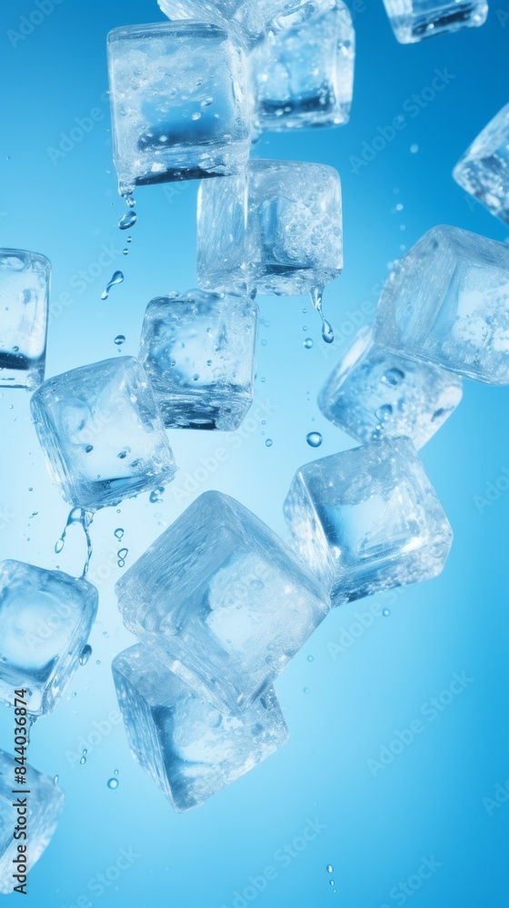 Multiple Ice Cubes Falling Through Water Against Blue Background Multiple Ice Cubes Falling Through Water Against Blue Background