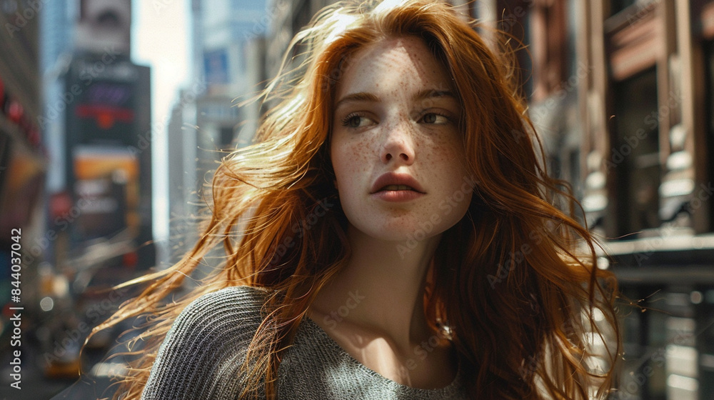Um bela mulher ruiva de olhos claros olhando para a câmera Um bela mulher ruiva de olhos claros olhando para a câmera