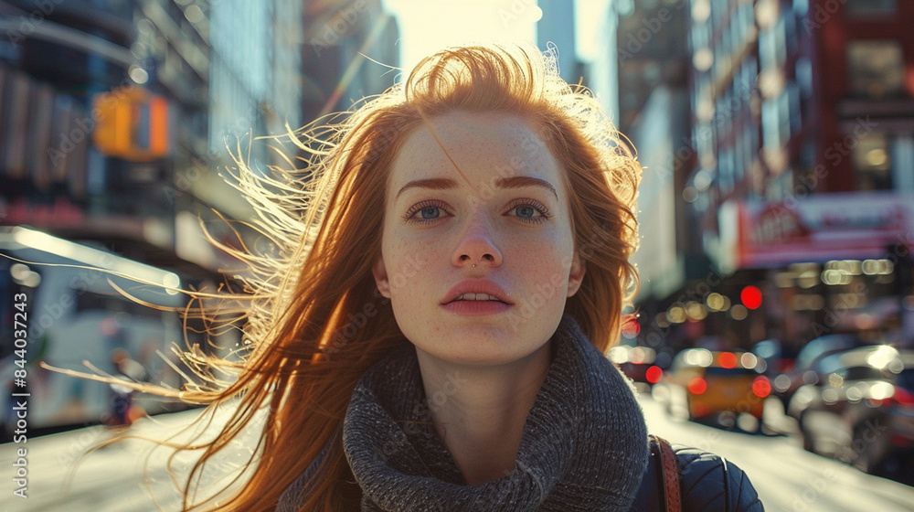 Um bela mulher ruiva de olhos claros olhando para a câmera Um bela mulher ruiva de olhos claros olhando para a câmera