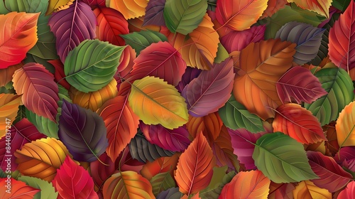 Colorful autumn leaves background. Realistic vector illustration of fallen leaves in red  orange  yellow  green and purple colors. Seamless pattern.