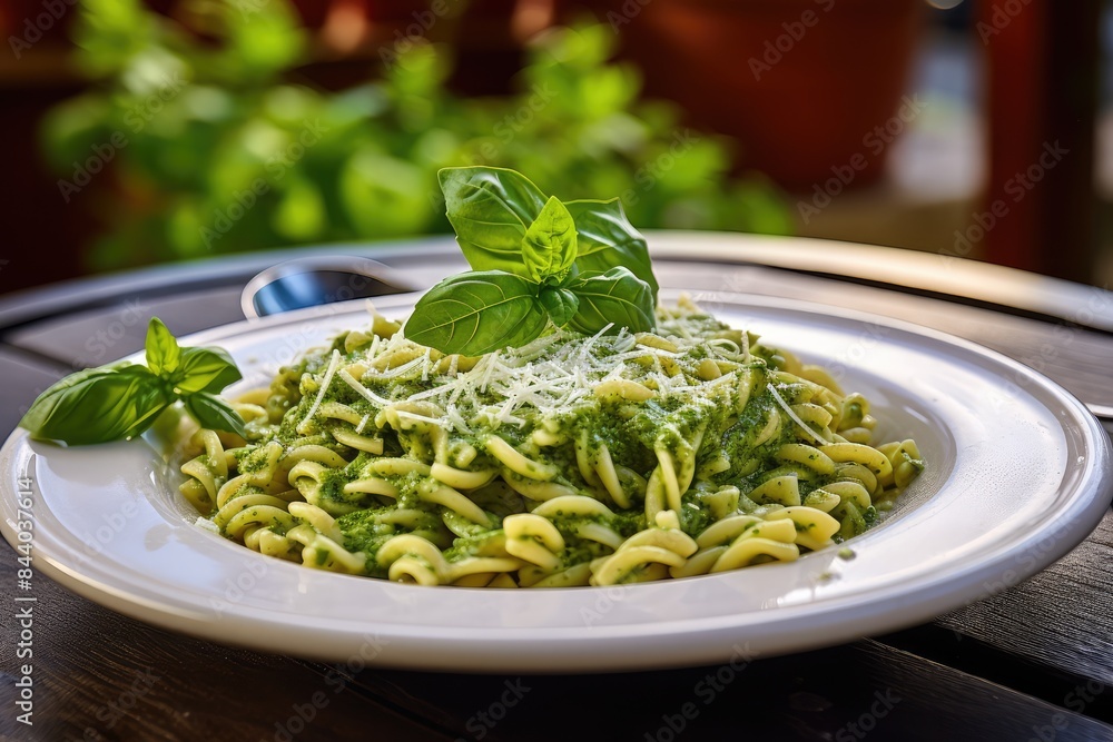 Trofie Al Pesto, Italian Pasta with Pesto Sauce, Traditional Genovese Troffie, Fusilli Pugliesi, Liguria Food Trofie Al Pesto, Italian Pasta with Pesto Sauce, Traditional Genovese Troffie, Fusilli Pugliesi, Liguria Food