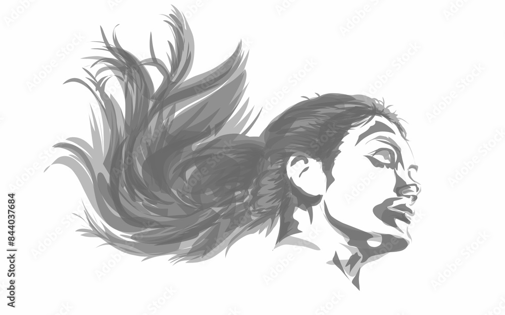 illustration of a woman's face with long hair with a charcoal texture on a white background illustration of a woman's face with long hair with a charcoal texture on a white background