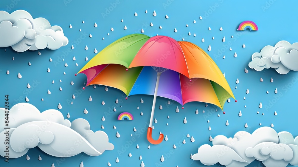 Illustration of a rainbow umbrella with clouds and rain. Illustration of a rainbow umbrella with clouds and rain.