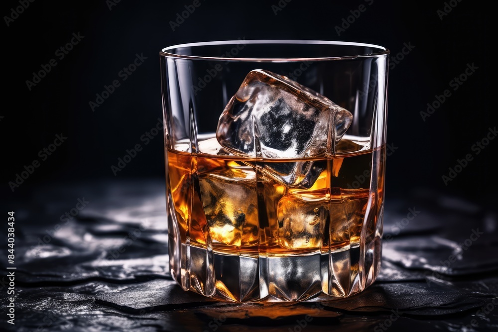 Iced Whiskey Glass on Black Stone Background, Luxury Bourbon with Ice Cubes, Cold Brandy, Whisky Iced Whiskey Glass on Black Stone Background, Luxury Bourbon with Ice Cubes, Cold Brandy, Whisky