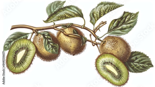 This is an illustration of a branch of kiwi fruit. The branch has four kiwi fruits on it, two of which are cut in half. photo