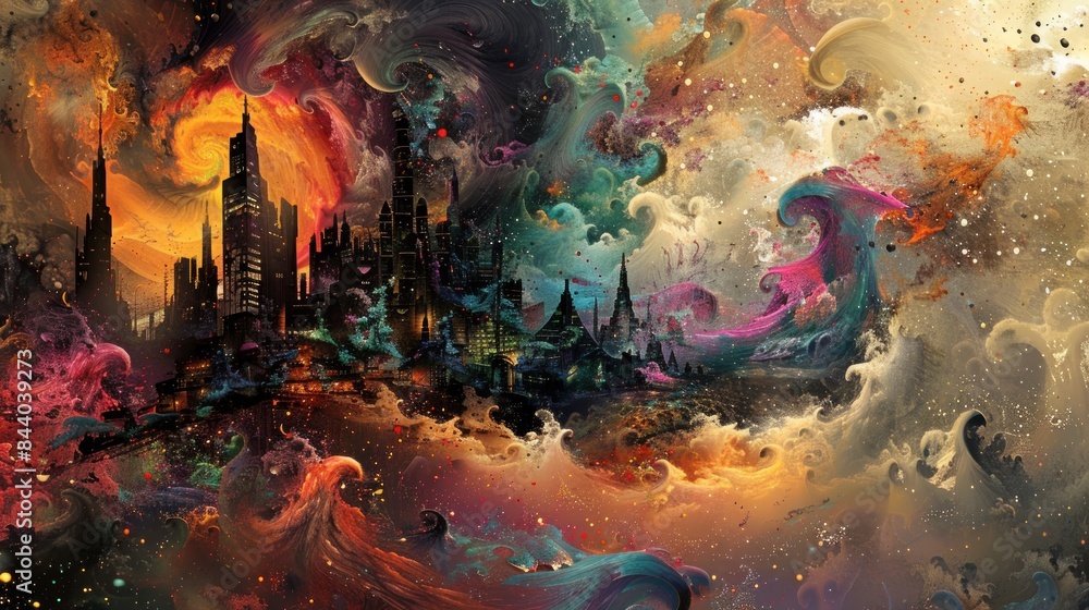 Fototapeta premium digital painting of a city, its fur flowing in dynamic patterns and colors
