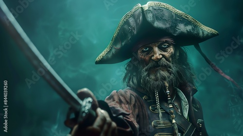 A close up of a pirate with a sword. He is wearing a hat and has a beard. He looks like he is ready to fight.