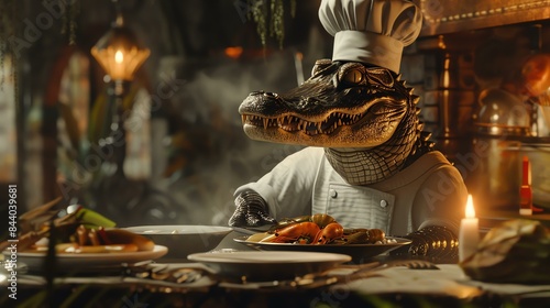 A photo of a chef alligator in a white chef's uniform is cooking in a kitchen. The alligator is holding a plate of food with one hand. photo